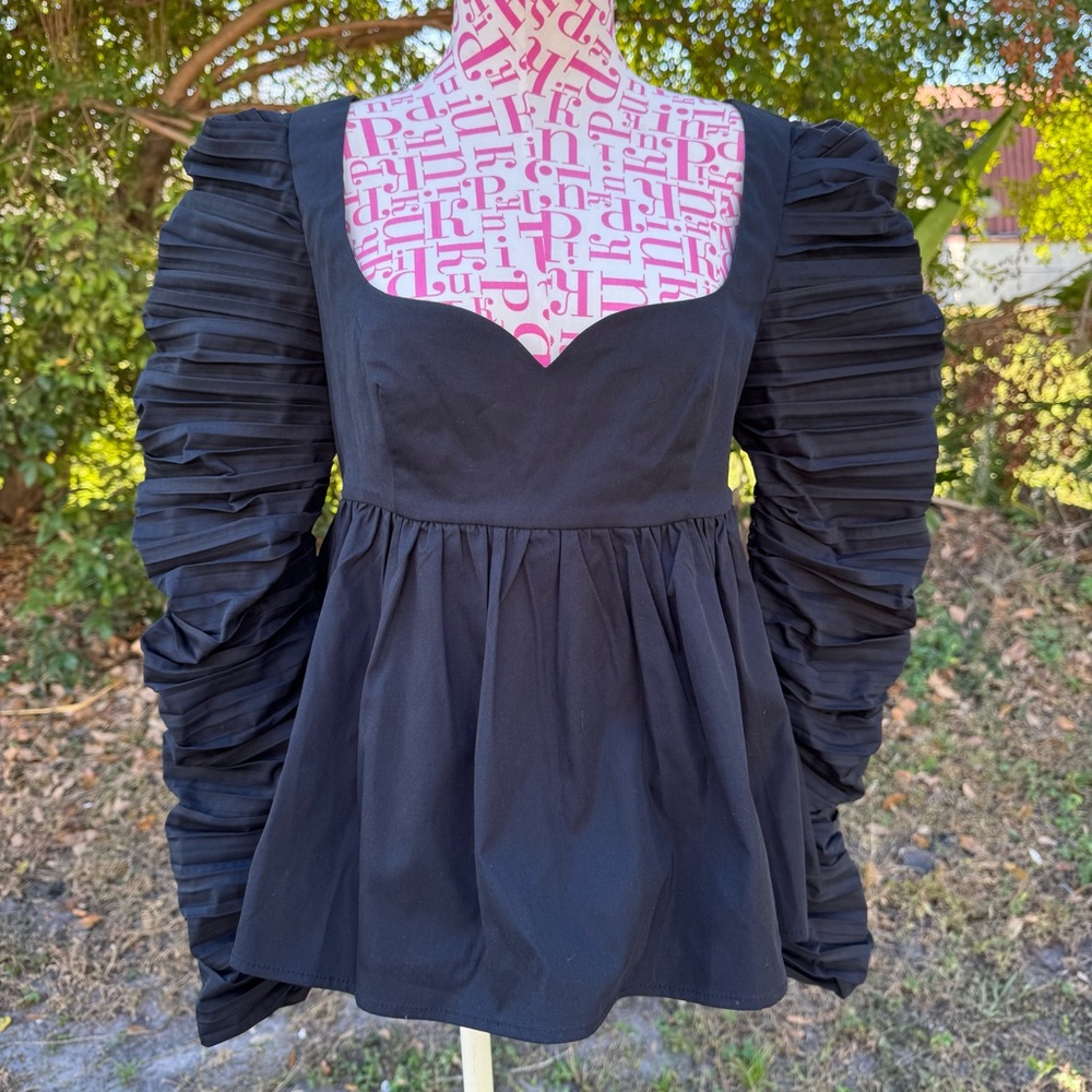 Kourt Alice Sweetheart Peplum Black Top Ruched Sleeve Structured Size S